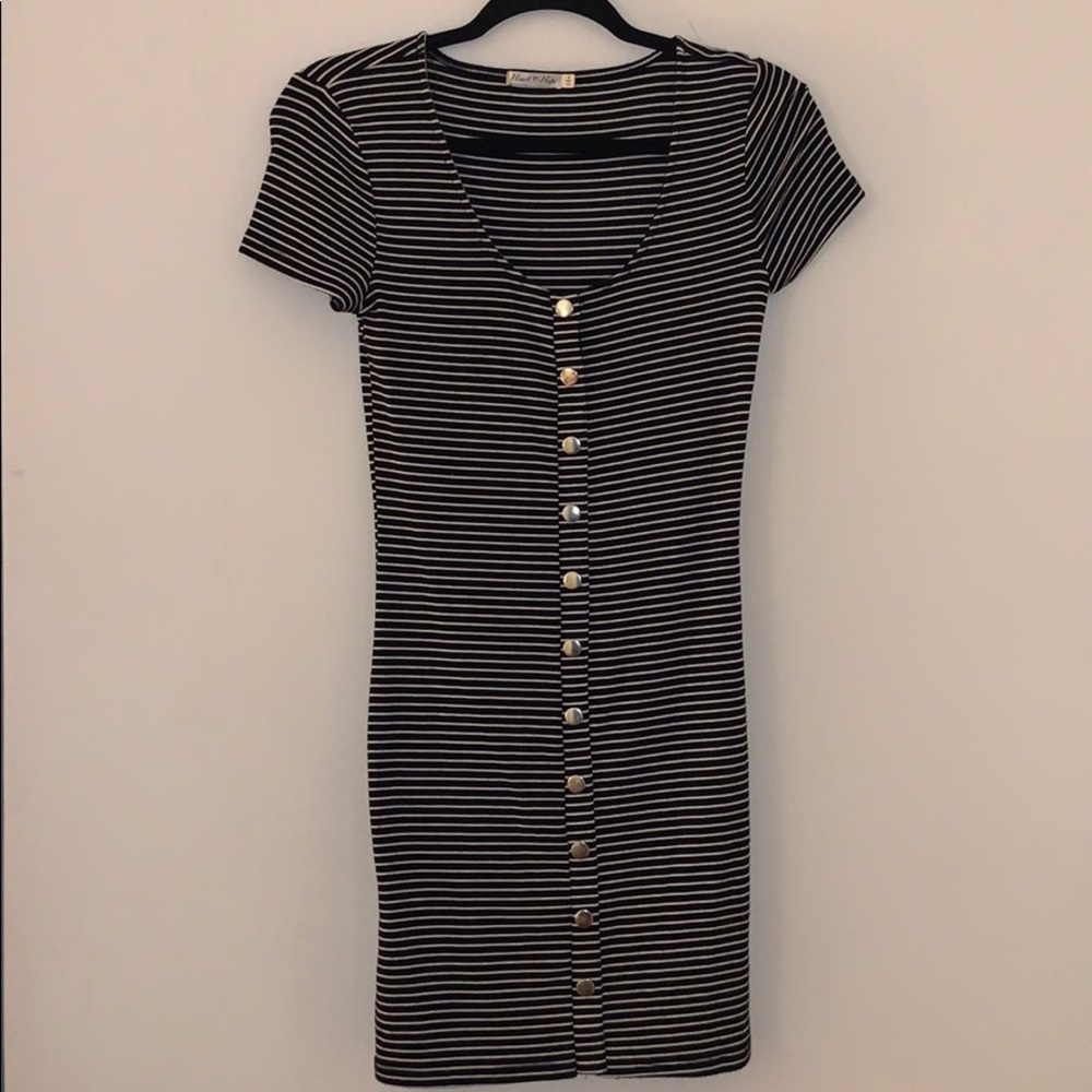 Black & White Striped Short Sleeve Dress with Buttons